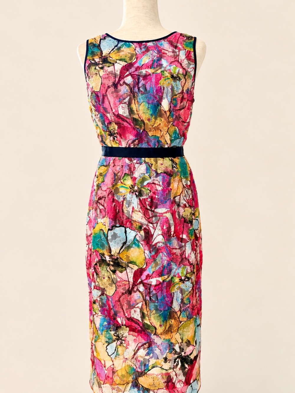 ANTONIO MELANI Multicolor Floral Midi Dress with Navy Trim